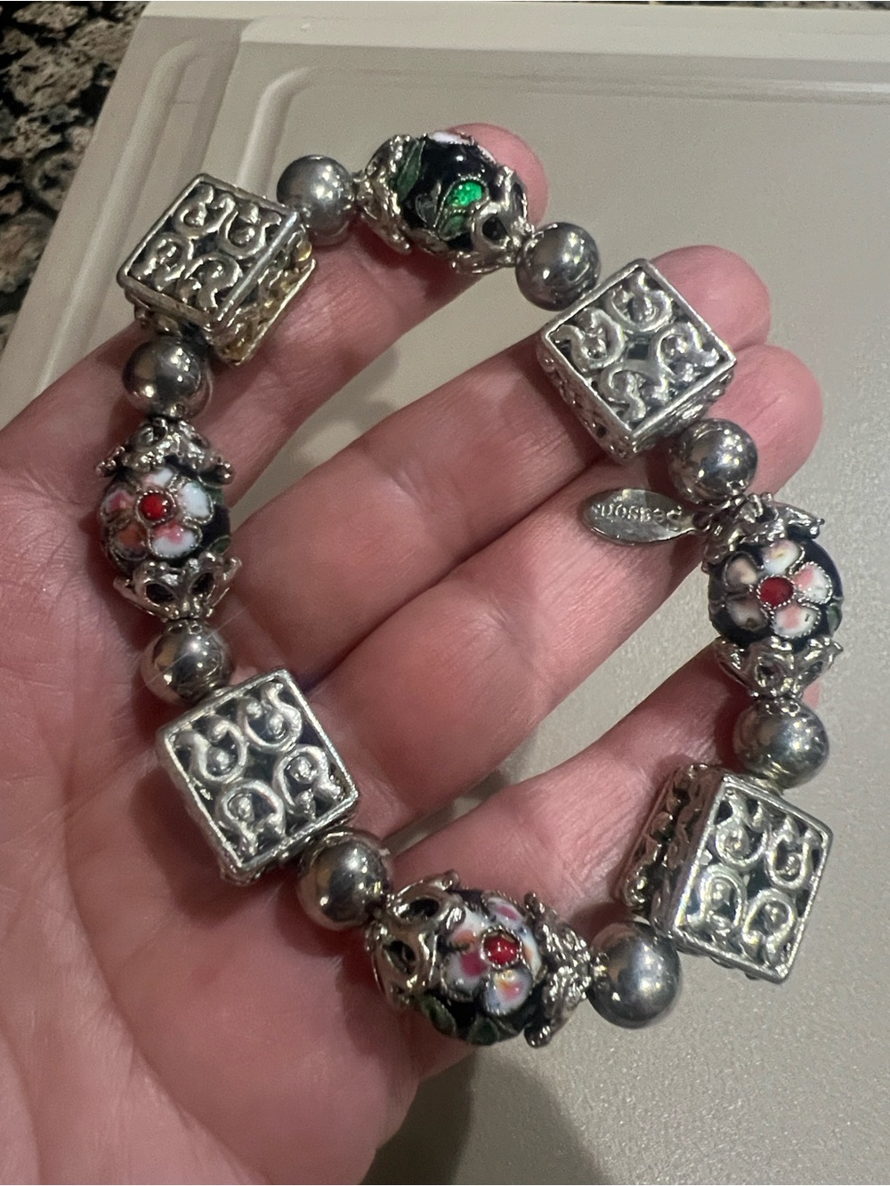 SEASONS Silver-tone Floral Cloisonné Bead Stretch Bracelet - Size 6.5